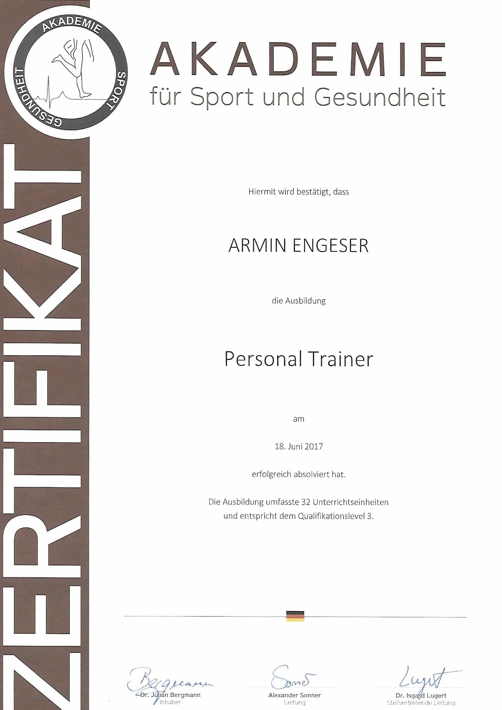 Zertifikat Personal-Trainer von Armin Engeser