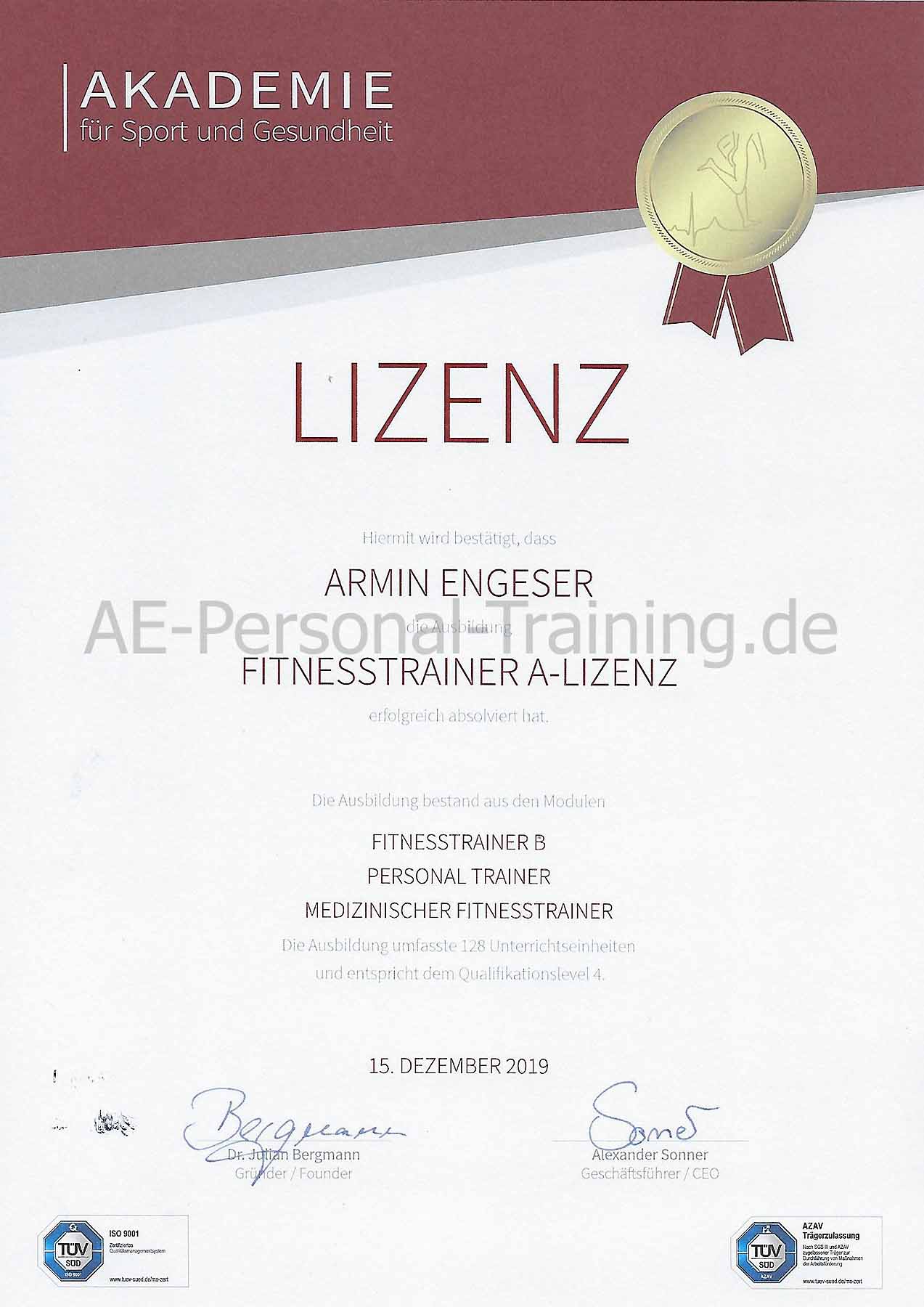 Zertifikat-Fitness Trainer A-Lizenz Armin Engeser