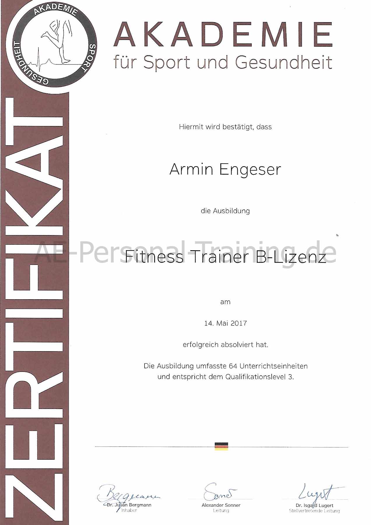 Zertifikat-Fitness Trainer B-Lizenz Armin Engeser